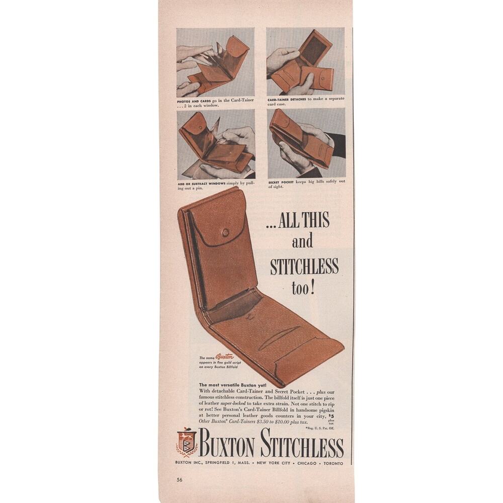 Buxton Stitchless Mens Leather Wallet Advertisement 1950s Vintage Fashion